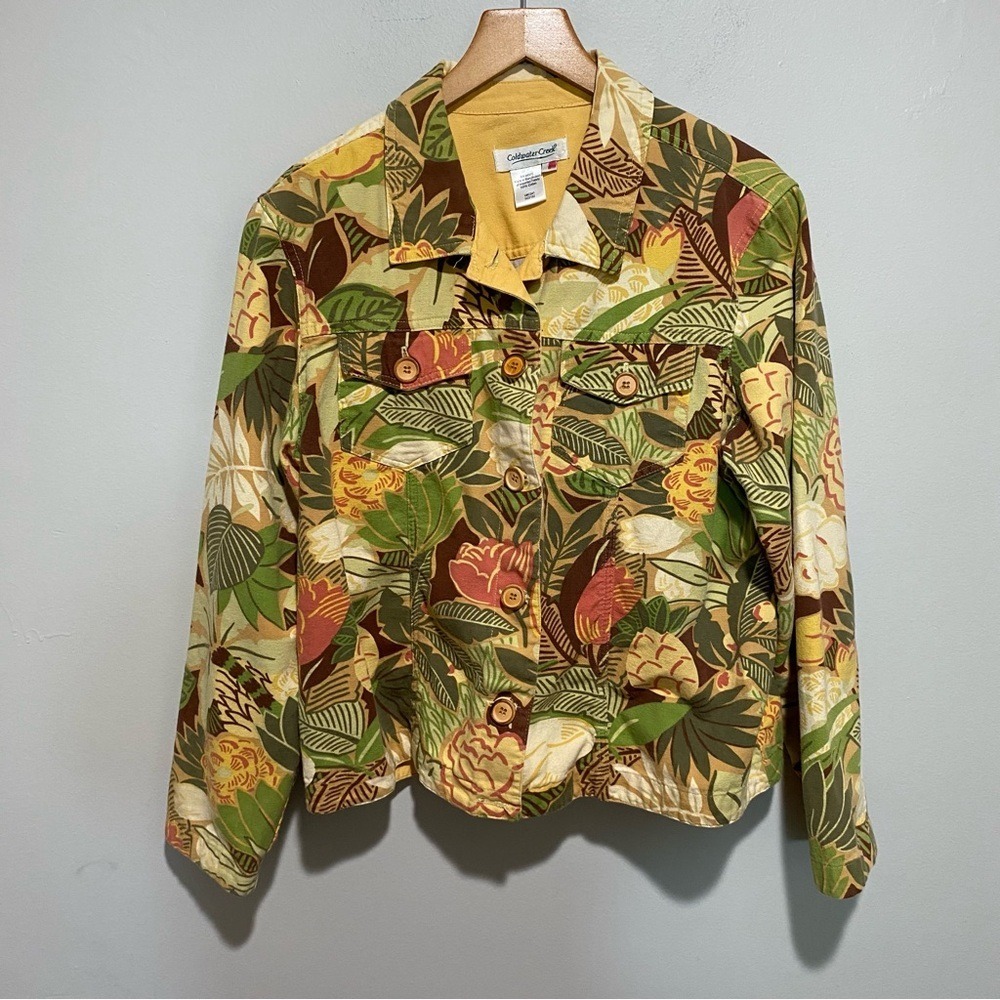 Coldwater Creek Womens L Tropical Floral Cotton Canvas Button Up Jacket Green L